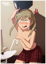  1boy 1girl anger_vein angry blonde_hair blush book breasts excalibur_(soul_eater) long_hair maka_albarn phinci skirt small_breasts soul_eater sweatdrop topless twintails 
