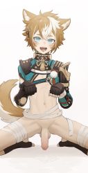  1boy animal_ears bandages bottomless cum cum_in_mouth cumdrip foreskin genshin_impact gorou_(genshin_impact) heart heart-shaped_pupils highres kneeling leaking luye_yuan male_focus paw_pose penis precum shota solo symbol-shaped_pupils tail tongue tongue_out uncensored  rating:Explicit score:337 user:crab_lover