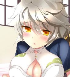  10s 1girl blush braid breast_rest breasts cleavage_cutout close-up clothing_cutout cloud_print ichiyou_moka indoors jitome kantai_collection large_breasts leaning_forward looking_at_viewer lowres open_mouth silver_hair single_braid solo unryuu_(kancolle) wavy_hair window yellow_eyes  rating:Sensitive score:9 user:danbooru