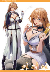  1girl alcohol black_thighhighs blue_eyes blush boots border breasts brown_hair choker cigar cigarette cleavage commentary_request cropped_jacket crossed_legs cup dress drinking_glass garter_straps gloves gyudong123 hair_between_eyes high_heel_boots high_heels highres holding holding_cigarette holding_cup jacket jacket_on_shoulders large_breasts long_hair orange_border original parted_lips short_dress side_slit sitting standing strap_pull thighhighs thighs white_background white_dress white_gloves 