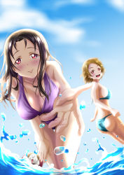  2girls absurdres animal ass bare_shoulders bikini blue_bikini blurry blurry_background blush breasts brown_hair cleavage closed_mouth cloud dog hair_ornament hairclip highres large_breasts leaning_forward long_hair looking_at_viewer love_live! love_live!_sunshine!! multiple_girls ocean open_mouth outdoors outstretched_arm purple_bikini red_eyes saateen_(tsubame-project13) shiitake_(love_live!_sunshine!!) short_hair siblings sideboob sisters sky smile splashing standing swimsuit takami_mito takami_shima water 