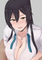 1boy 1girl black_hair blush breasts breasts_squeezed_together censored cleavage collarbone dog_tags dress_shirt grey_background hair_between_eyes heart heart-shaped_pupils hetero idolmaster idolmaster_shiny_colors large_breasts long_hair looking_at_viewer mosaic_censoring nao_(ritsancrossover) necktie open_mouth paizuri paizuri_under_clothes penis ponytail shirase_sakuya shirt simple_background sleeves_rolled_up smile solo_focus symbol-shaped_pupils yellow_eyes rating:Explicit score:66 user:danbooru
