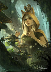  1girl acorn animal animal_ears animal_hood animal_on_head backpack bag blonde_hair blue_eyes bridge cane cloak dress fern forest fox_ears giant giantess green_dress hat hood hooded_cloak leaf light_particles long_hair looking_down mini_person miniboy moss multiple_boys namae_shifuta nature neck_ribbon on_head outdoors parted_lips pennant people plant realistic ribbon rice_hat short_sleeves signature size_difference solo_focus squirrel stairs tail tree tree_house treehouse village vines 