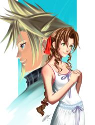  1990s_(style) 1boy 1girl aerith_gainsborough alternate_costume arcbuncle bad_id bad_pixiv_id blonde_hair blue_eyes braid breasts brown_hair cloud_strife crisis_core_final_fantasy_vii dress final_fantasy final_fantasy_vii green_eyes hair_ribbon long_hair retro_artstyle ribbon ringlets single_braid small_breasts spiked_hair square_enix turtleneck 