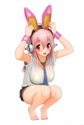  animal_ears barefoot breasts rabbit_ears cleavage feet large_breasts nitroplus pink_hair red_eyes see-through shoes super_sonico toes  rating:Sensitive score:42 user:Dooddude