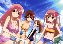 4girls :d :o absurdres armpits ass atarashi_ako bikini bikini_skirt bikini_under_clothes blue_eyes blue_hawaii blue_one-piece_swimsuit blush body_blush bow breasts brown_hair chair cleavage clenched_hand closed_mouth cloud cowboy_shot cup day drink drinking_glass drinking_straw dutch_angle flat_chest flower front-tie_bikini_top front-tie_top grey_hair hair_bow hair_flower hair_ornament halterneck hand_on_own_hip haramura_nodoka hibiscus high_ponytail highres large_breasts light_smile long_hair looking_at_viewer looking_back lounge_chair megami_magazine miyanaga_saki multiple_girls navel ocean official_art one-piece_swimsuit open_fly open_mouth orange_bikini outdoors palm_tree parted_bangs parted_lips pink_hair ponytail purple_bikini purple_eyes red_eyes saki_(manga) scan school_swimsuit short_hair short_shorts shorts side-tie_bikini_bottom sitting sky small_breasts smile standing striped_bikini striped_clothes swimsuit swimsuit_under_clothes table takakamo_shizuno tree tropical_drink two_side_up ueda_kazuyuki water