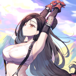  1girl armpits arms_up bare_shoulders black_hair black_sleeves blue_sky blush breasts bucchake_(asami) closed_mouth cloud cloudy_sky collarbone commentary_request crop_top detached_sleeves earrings elbow_pads final_fantasy final_fantasy_vii gloves hair_behind_ear jewelry large_breasts long_hair looking_up low-tied_long_hair midriff mountain mountainous_horizon navel outdoors outstretched_arms red_eyes red_gloves single_earring single_elbow_pad sky smile solo stretching suspenders tank_top tifa_lockhart upper_body very_long_hair white_tank_top 