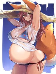 1girl animal_ears arms_behind_head big_belly bikini blue_bikini blue_sky border breasts day ears_through_headwear fate/grand_order fate_(series) fox_ears fox_tail hat highres kuronyan large_breasts looking_at_viewer outie_navel outside_border panties pink_hair pregnant shirt side-tie_panties sky smile solo straw_hat sun_hat swimsuit tail tamamo_(fate) tamamo_no_mae_(fate/extra) tamamo_no_mae_(swimsuit_lancer)_(fate) tamamo_no_mae_(swimsuit_lancer)_(second_ascension)_(fate) tongue tongue_out underwear wet wet_clothes wet_shirt white_border yellow_eyes rating:Sensitive score:119 user:danbooru