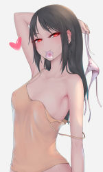1girl alternate_hairstyle arm_at_side arm_up armpit_peek bare_shoulders black_hair blush bright_pupils camisole closed_mouth collarbone come_hither commentary_request condom condom_wrapper grey_background hair_down heart kaguya-sama_wa_kokurasetai_~tensai-tachi_no_renai_zunousen~ long_hair looking_at_viewer mouth_hold naughty_face nikuku_(kazedesune) nipples no_bra out-of-frame_censoring panties unworn_panties parted_bangs pink_panties red_eyes ringed_eyes see-through shinomiya_kaguya side-tie_panties sidelocks simple_background smile solo strap_slip sweat underwear untied_panties rating:Questionable score:143 user:danbooru