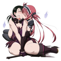 2girls airi_(queen&#039;s_blade) airi_(queen's_blade) airi_(the_infernal_temptress) black_hair blush bow breasts cattleya_(queen&#039;s_blade) cattleya_(queen's_blade) closed_eyes glasses gloves highres huge_breasts kiss legs long_hair maid maid_headdress mature_female multiple_girls plump ponytail queen&#039;s_blade red_hair shirosame sideboob sitting thighhighs thighs twintails v_arms weapon weapon_merchant_cattleya yuri rating:Sensitive score:130 user:danbooru