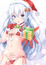 1girl bikini blue_eyes blue_hair blush body_writing breasts christmas gift gloves gradient_background grey_background hat hibiki_(kancolle) jan_(janpx2012) kantai_collection long_hair looking_at_viewer merry_christmas navel open_mouth red_bikini red_gloves red_hat santa_hat side-tie_bikini_bottom small_breasts solo star_(symbol) swimsuit verniy_(kancolle) wardrobe_malfunction white_background rating:Questionable score:25 user:danbooru