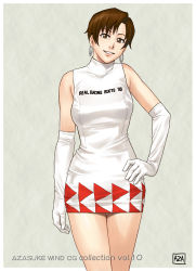 1girl azasuke bare_shoulders brown_eyes brown_hair dress earrings elbow_gloves female_focus gloves hand_on_own_hip highres hip_focus jewelry looking_at_viewer nagase_reiko race_queen ridge_racer short_hair smile solo standing thigh_gap thighs rating:Sensitive score:32 user:adduce