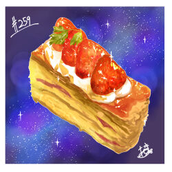  absurdres border food food_focus fruit highres no_humans original pastry star_(symbol) starry_background strawberry takisou_sou whipped_cream white_border 