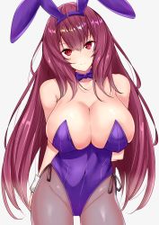 1girl animal_ears black_pantyhose blush bow bowtie breasts cleavage collarbone covered_navel fake_animal_ears fate/grand_order fate_(series) hair_between_eyes highres hip_focus huge_breasts leotard long_hair looking_at_viewer official_alternate_costume pantyhose playboy_bunny purple_hair purple_leotard rabbit_ears rabbit_tail red_eyes sankakusui scathach_(fate) scathach_(piercing_bunny)_(fate) simple_background smile solo tail white_background wrist_cuffs rating:Sensitive score:35 user:danbooru