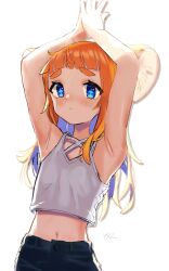  +_+ 1girl :&lt; alternate_costume alternate_hairstyle animal_ears armpit_focus armpits arms_up artist_name bare_arms blue_eyes blue_hair blunt_bangs blush bright_pupils closed_mouth colored_inner_hair commentary crop_top drop_shadow flat_chest grey_tank_top highres indie_virtual_youtuber long_hair looking_at_viewer mau-chan_(7name) midriff mouse_ears mouse_girl multicolored_hair naname_(7name) navel orange_hair presenting_armpit shirt sidelocks signature simple_background skinny sleeveless sleeveless_shirt solo stomach stretching tank_top thick_eyebrows very_long_hair virtual_youtuber white_background 