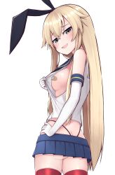  1girl animal_ears ass bandaid bandaids_on_nipples blonde_hair breasts butt_crack character_request clothes_pull fake_animal_ears kantai_collection large_breasts legs long_hair looking_at_viewer looking_back microskirt midriff miniskirt naughty_face no_bra pasties rabbit_ears sailor_collar shimakaze_(kancolle) sideboob skirt smile teasing thighs thong yellow_eyes 