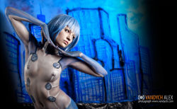  1girl ayanami_rei blue_hair bodypaint breasts cosplay female_focus naked_paint neon_genesis_evangelion nipples nude painted_clothes photo_(medium) short_hair small_breasts solo  rating:Questionable score:17 user:Giegue