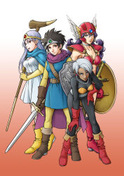 1boy 3girls abs absurdres aritani_mahoro belt black_bodysuit blue_cape blue_tunic bodysuit breasts brown_footwear brown_gloves cape cleavage dark-skinned_female dark_skin dragon_quest dragon_quest_iii earrings elbow_gloves gloves gradient_background helmet hero_(dq3) highres holding holding_shield holding_staff holding_sword holding_weapon jewelry leaning_forward medium_breasts midriff multiple_girls necklace pantyhose purple_cape purple_hair red_footwear red_gloves sage_(dq3) shield short_hair simple_background small_breasts soldier_(dq3) staff standing sword thief_(dq3) toned weapon winged_helmet yellow_footwear yellow_gloves yellow_pantyhose