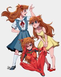  1girl ass bare_legs blue_eyes bodysuit breasts brown_hair cleavage dress frankcat full_body hand_on_own_hip index_finger_raised latex long_hair looking_at_viewer marker_(medium) multiple_views neon_genesis_evangelion plugsuit red_bodysuit school_uniform shiny_skin signature sitting skirt solo souryuu_asuka_langley standing sundress suspender_skirt suspenders tokyo-3_middle_school_uniform tongue tongue_out traditional_media tsundere wide_hips yellow_dress 