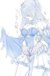 1girl blue_dress blush disembodied_hand dress duel_monster fingering fingering_through_clothes from_side hayupipipipi highres lock long_hair siren_(mythology) skirt sleeves_past_wrists solo sweat tearlaments_scheiren through_clothes tiara twintails upper_body white_hair white_skirt yu-gi-oh!
