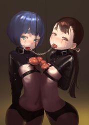 1=2 2girls armbinder arms_behind_back bdsm blue_eyes blue_hair blush bondage bound bound_arms breast_bondage breasts brown_eyes brown_hair child_on_child collar crying crying_with_eyes_open ero_guro gradient_background guro latex linked_piercing loli long_hair midriff multiple_girls nipples open_mouth original piercing ponytail shared_piercing short_hair simple_background small_breasts tears tongue tongue_chain tongue_out tongue_piercing torture upper_body yuri rating:Questionable score:190 user:danbooru