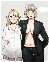 2girls aftersex arm_around_waist black_suit blank_speech_bubble blonde_hair blush borrowed_clothes breasts brown_eyes buttons co1fee collared_shirt dungeon_meshi elf falin_touden formal green_eyes grey_hair hand_in_pocket highres implied_after_sex large_breasts marcille_donato muffin_top multiple_girls navel no_bra open_clothes open_collar open_mouth oversized_clothes pants pointy_ears pussy_juice shirt short_hair speech_bubble stomach suit sweaty_clothes yuri 