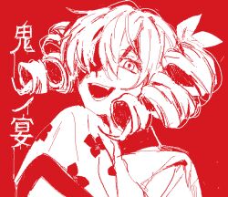  1girl bow drill_hair floral_print hair_bow hand_up kasane_teto kasane_teto_(sv) long_hair looking_at_viewer oekaki oni_no_utage_(song) open_mouth red_theme samsap simple_background smile solo synthesizer_v twin_drills upper_body utau 