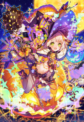  1girl :d age_of_ishtaria asymmetrical_legwear bat_wings black_gloves black_hat black_ribbon blush bow capelet full_body full_moon ghost gloves green_eyes hair_ornament hair_ribbon halloween halloween_costume hat high_heels highres holding holding_staff jack-o&#039;-lantern kneeling light_brown_hair looking_at_viewer merlin_(age_of_ishtaria) moon munlu_(wolupus) navel night night_sky official_art open_mouth outdoors pumpkin ribbon sky smile solo staff star_(symbol) star_hair_ornament white_capelet wings witch_hat 
