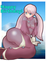  00s 1girl ass birthday blush bodysuit bra breasts cameltoe chaps cross cross_necklace cynthia_lane detached_sleeves green_eyes happy_birthday highres jewelry long_hair looking_at_viewer low_twintails maqubee necklace overman_king_gainer panties pink_hair shiny_clothes sky small_breasts smile solo twintails underwear 