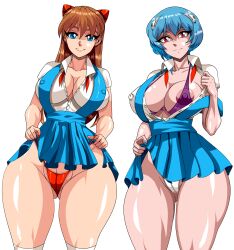 2girls absurdres alcione_makoto alternate_breast_size ayanami_rei beer_can blue_eyes blue_hair breasts brown_hair cameltoe can cleft_of_venus clothes_lift drink_can highleg highleg_panties highres large_breasts lifted_by_self lips miniskirt multiple_girls neon_genesis_evangelion nipples open_clothes open_shirt panties red_eyes red_panties school_uniform shirt short_hair simple_background skirt skirt_lift souryuu_asuka_langley standing thong tokyo-3_middle_school_uniform transparent_background underwear undressing white_shirt