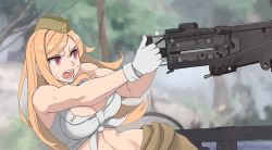 1girl blonde_hair breasts brown_hat browning_m2 cleavage commission crew-served_weapon garrison_cap girls&#039;_frontline gloves gun hat heavy_machine_gun john_rambo large_breasts m2hb_(girls&#039;_frontline) machine_gun midriff navel open_mouth outdoors parody pixiv_commission rambo red_eyes scene_reference shirt sleeveless sleeveless_shirt solo sweat tab_(tabkun) tied_shirt weapon white_gloves white_shirt
