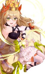  1girl bare_shoulders blonde_hair book bow breasts butterfly_hair_ornament casting_spell celine_(fire_emblem) crown dress fire_emblem fire_emblem_engage flower glowing green_eyes hair_flower hair_ornament highres incoming_attack long_hair looking_at_viewer magic nintendo open_mouth orange_bow small_breasts solo very_long_hair white_background yuuri_(orz_commushows) 