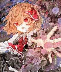 1girl ascot black_vest blonde_hair darkness hair_ribbon is_that_so monji_(monzi328) open_mouth outstretched_arms red_ascot red_eyes red_ribbon ribbon rumia short_hair skirt skirt_set spread_arms touhou traditional_media vest