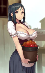 1girl :o apple black_hair blouse blue_skirt blurry bodice breasts brown_eyes bucket building carrying cleavage collarbone copyright_request corset cowboy_shot depth_of_field dirndl food fruit german_clothes holding holding_bucket house houtengeki large_breasts long_skirt looking_at_viewer outdoors parted_bangs parted_lips ponytail puffy_short_sleeves puffy_sleeves shirt short_sleeves sidelocks skirt solo underbust white_shirt rating:Sensitive score:118 user:danbooru