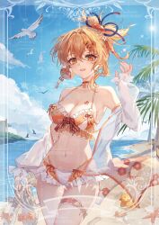  1girl alternate_costume arm_up bare_shoulders beach bikini bird blonde_hair blue_sky bow breasts butterfly_choker chest_tattoo choker cleavage cloud collarbone cowboy_shot day flower flower_tattoo footprints genshin_impact hair_between_eyes hair_flower hair_ornament highres holding_sandals jewelry lixiang_guo_alice long_hair long_sleeves looking_at_viewer medium_breasts navel off_shoulder open_clothes open_mouth orange_bikini outdoors palm_tree ponytail red_choker sandals unworn_sandals sky smile solo stomach swimsuit tattoo thigh_strap tree water yellow_eyes yoimiya_(genshin_impact)  rating:Sensitive score:21 user:danbooru