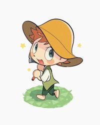  1boy animal_crossing axe barefoot blush_stickers br&#039;er_fox_(disney) brown_hair brown_hat chibi fang full_body green_pants green_vest grey_eyes hat highres holding holding_axe looking_at_viewer male_focus nintendo open_mouth pants short_hair short_sleeves solo song_of_the_south star_(symbol) uochandayo vest 