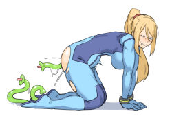  1girl all_fours giving_birth blonde_hair blue_bodysuit blue_eyes blush bodysuit breasts creature_inside dyun from_side full_body large_breasts long_hair metroid metroid_(classic) nintendo one_eye_closed ponytail samus_aran simple_background solo stomach_bulge tentacles torn_bodysuit torn_clothes torogao white_background zero_suit  rating:Explicit score:155 user:danbooru