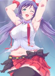 10s 1girl armpits arms_up bad_id bad_pixiv_id black_thighhighs blush bokura_wa_ima_no_naka_de breasts covered_erect_nipples gloves green_eyes large_breasts long_hair looking_at_viewer love_live! love_live!_school_idol_project midriff navel one_eye_closed open_mouth plump purple_hair rei_oe shirt skirt smile solo sweat thighhighs tojo_nozomi twintails rating:Questionable score:48 user:danbooru