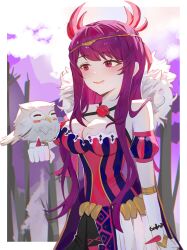  2girls absurdres animal_on_arm bare_shoulders bird bird_on_arm breasts cleavage commission feh_(fire_emblem_heroes) fire_emblem fire_emblem_engage fire_emblem_heroes gloves highres ivy_(fire_emblem) large_breasts long_hair mariirasuto7 multiple_girls nintendo owl purple_hair red_eyes spiked_gloves 