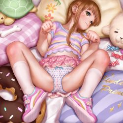 1girl absurdres asakuraf blush bow bow_panties breasts brown_hair cameltoe clothes_lift come_hither female_focus flat_chest highres ichihara_nina idolmaster idolmaster_cinderella_girls loli lying on_back panties paw_pose polka_dot polka_dot_panties presenting shoes skirt skirt_lift small_breasts sneakers solo spread_legs thighs underwear rating:Questionable score:260 user:guffer