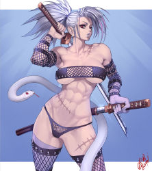 abs artist_name bandeau black_panties breasts colored_skin contrapposto cowboy_shot fishnet_thighhighs fishnets grey_lips grey_skin highres katana large_breasts lips long_hair looking_at_viewer navel ogami original panties parted_lips ponytail red_eyes revealing_clothes scar sheath silver_hair snake solo stitches sword thighhighs underwear unsheathing weapon rating:Questionable score:42 user:danbooru