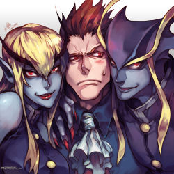  1girl 2boys bisexual_male blonde_hair blue_skin blush boy_and_girl_sandwich capcom cheek-to-cheek colored_skin demitri_maximoff dual_persona embarrassed eyebrows fingernails gender_request genderswap girl_sandwich head_wings heads_together highres jedah_dohma lips lipstick long_hair makeup male_focus midnight_bliss multiple_boys nail pointy_ears red_eyes sandwiched sweatdrop time_paradox vampire vampire_(game) wings yi_lee  rating:Sensitive score:37 user:danbooru