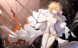  10s 1girl absurdres ahoge asa_ni_haru bare_shoulders bdsm blonde_hair blurry blush bondage bound breasts bridal_veil burnt_clothes chain cleavage closed_mouth collarbone cowboy_shot cuffs depth_of_field detached_collar elbow_gloves expressionless eyelashes fate/extra fate/extra_ccc fate_(series) fire gloves gluteal_fold green_eyes groin hair_intakes half-closed_eyes handcuffs highres large_breasts legs_together leotard lock looking_afar medium_breasts motion_blur navel nero_claudius_(bride)_(fate) nero_claudius_(bride)_(second_ascension)_(fate) nero_claudius_(fate) nero_claudius_(fate)_(all) open_clothes outstretched_arms padlock parted_lips rain restrained rock short_hair single_thighhigh solo standing stomach teardrop thigh_gap thighhighs thighs tsurime unzipped veil waist_cape water white_leotard white_thighhighs zipper  rating:Questionable score:12 user:danbooru
