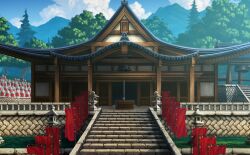  architecture banner bell blue_sky cloud east_asian_architecture forest game_cg justinas_vitkus landscape leaf moat mountainous_horizon myouren_temple nature no_humans official_art outdoors pine_tree railing rope sky stairs temple third-party_source touhou touhou_cannonball tree well 