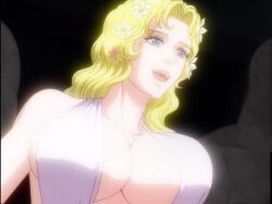  aphrodite_(record_of_ragnarok) aphrodite_(shuumatsu_no_valkyrie) blonde_hair blue_eyes breasts flower flower_on_head huge_breasts stitched third-party_edit  rating:Questionable score:3 user:Brauliorene94