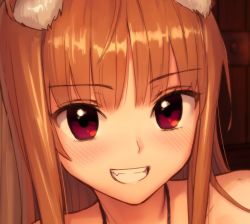  1girl animal_ears blunt_bangs blush close-up collarbone fangs grin holo kawakami_rokkaku long_hair looking_at_viewer nude parted_lips red_eyes smile solo spice_and_wolf teeth upper_body wolf_ears  rating:Sensitive score:64 user:danbooru