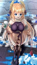 1girl azur_lane bag bare_shoulders black_panties black_sweater blonde_hair blue_eyes breasts brown_coat brown_thighhighs coat coat_dress coffee_cup cross cross_necklace cup disposable_cup full_body hair_ornament hairclip helvetica_std highres holding holding_bag holding_cup jewelry large_breasts laurel_crown long_hair necklace off-shoulder_coat off_shoulder official_alternate_costume open_mouth panties pantyshot pantyshot_through_reflection puddle purple_thighhighs reflection ribbed_sweater scarf sideways_glance sleeveless sleeveless_sweater solo sweater sweater_vest taut_sweater_vest thighhighs underwear very_long_hair victorious_(azur_lane) victorious_(the_goddess&#039;_day_off)_(azur_lane) water rating:Sensitive score:9 user:danbooru