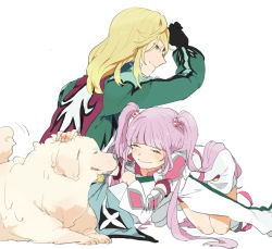 1boy 1girl bad_id bad_pixiv_id blonde_hair boots closed_eyes dog gloves mikkabouzu_(kisarisa) official_alternate_costume petting purple_hair richard_(tales) shorts sophie_(tales) tales_of_(series) tales_of_graces twintails white_shorts rating:Sensitive score:3 user:danbooru