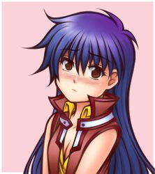  1girl blue_hair blush breasts brown_eyes cleavage highres long_hair pink_background saotome_rei simple_background solo thaumana yu-gi-oh! yu-gi-oh!_gx  rating:Questionable score:14 user:donkebap
