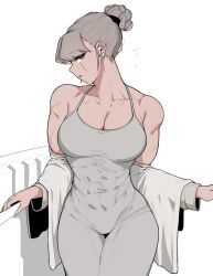  1girl abs breasts cleavage dress earphones grey_dress grey_eyes hair_bun highres jacket large_breasts looking_at_viewer muscular muscular_female oddsnail original scar scar_on_face solo tight_clothes tight_dress white_background 